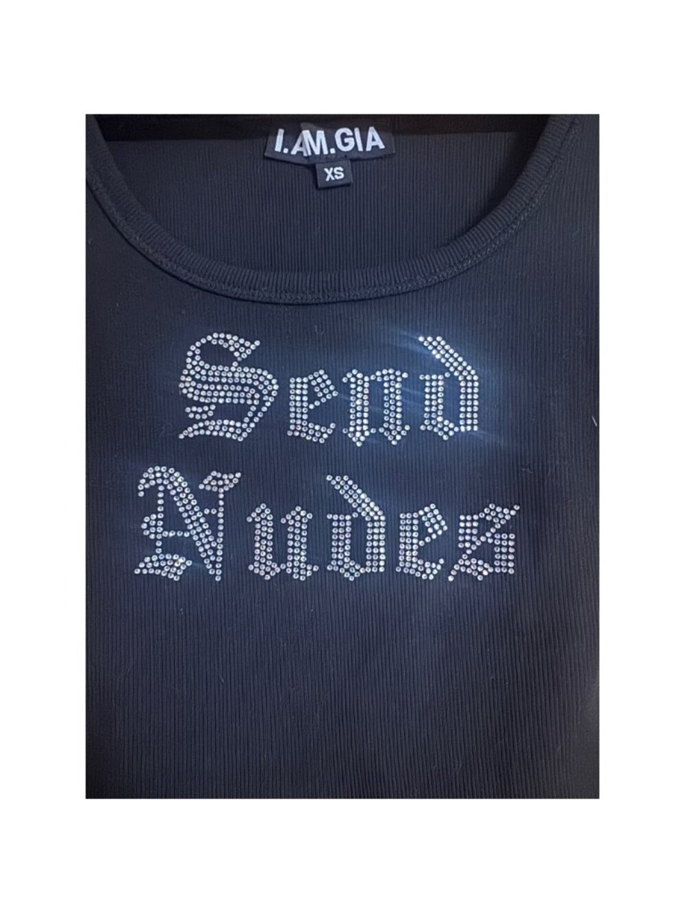 Black Ribbed Rhinestone Send Nudes Tank Top Scoop Neck Y2K - Picture 2 of 4